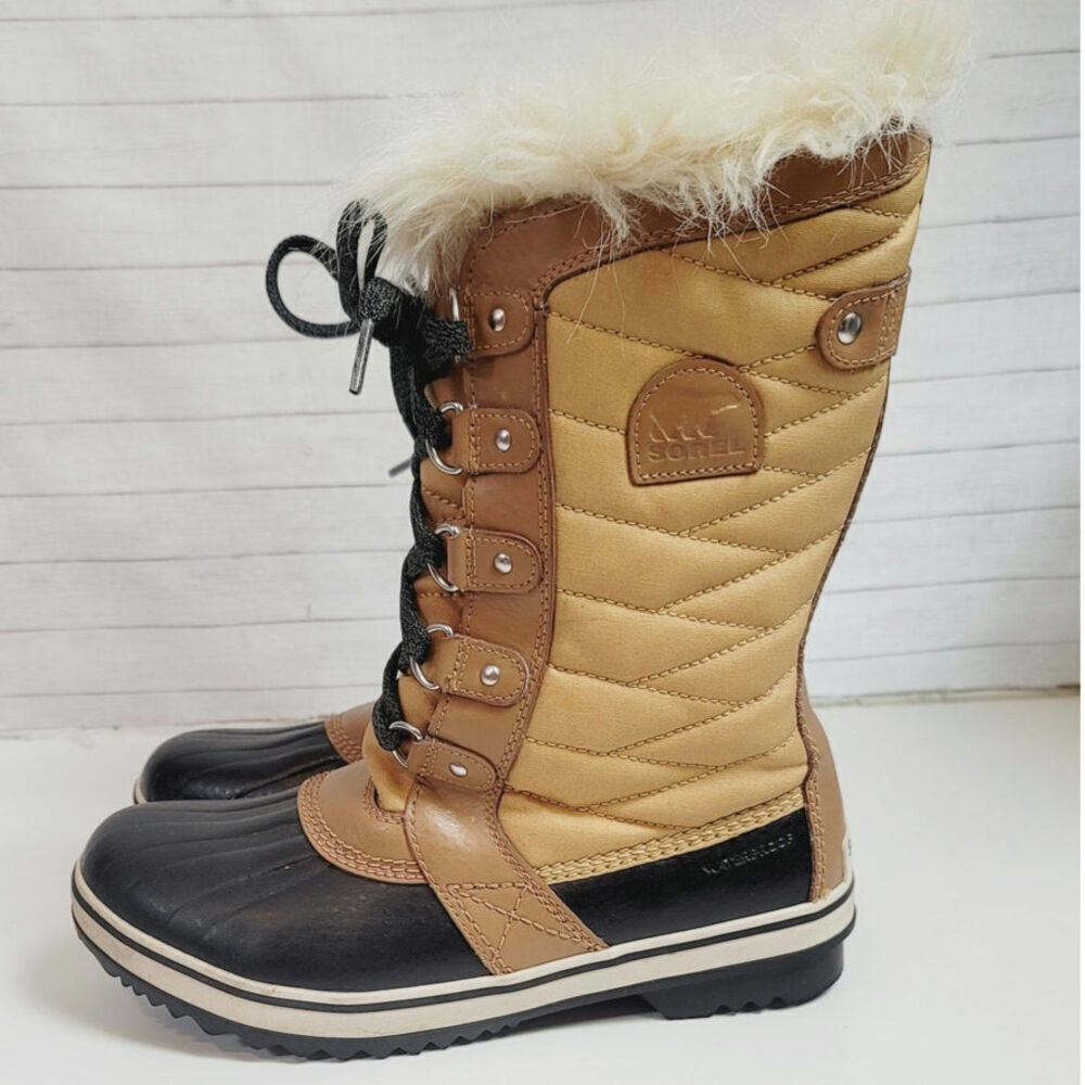 Sorel Tofino II Lace Up Snow Boot in Elk Curry w Faux Fur Trim, sz 7